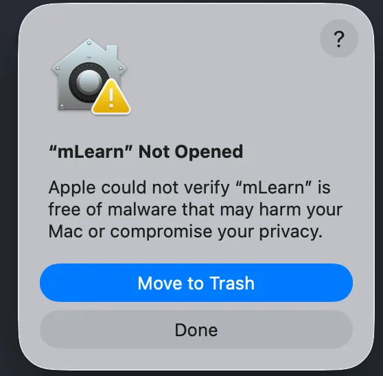 macOS Gatekeeper warning saying mLearn was not opened